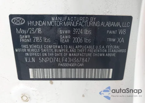 2018 Hyundai Elantra Se z USA, uszkodzony, nr VIN 5NPD74LF4JH367847